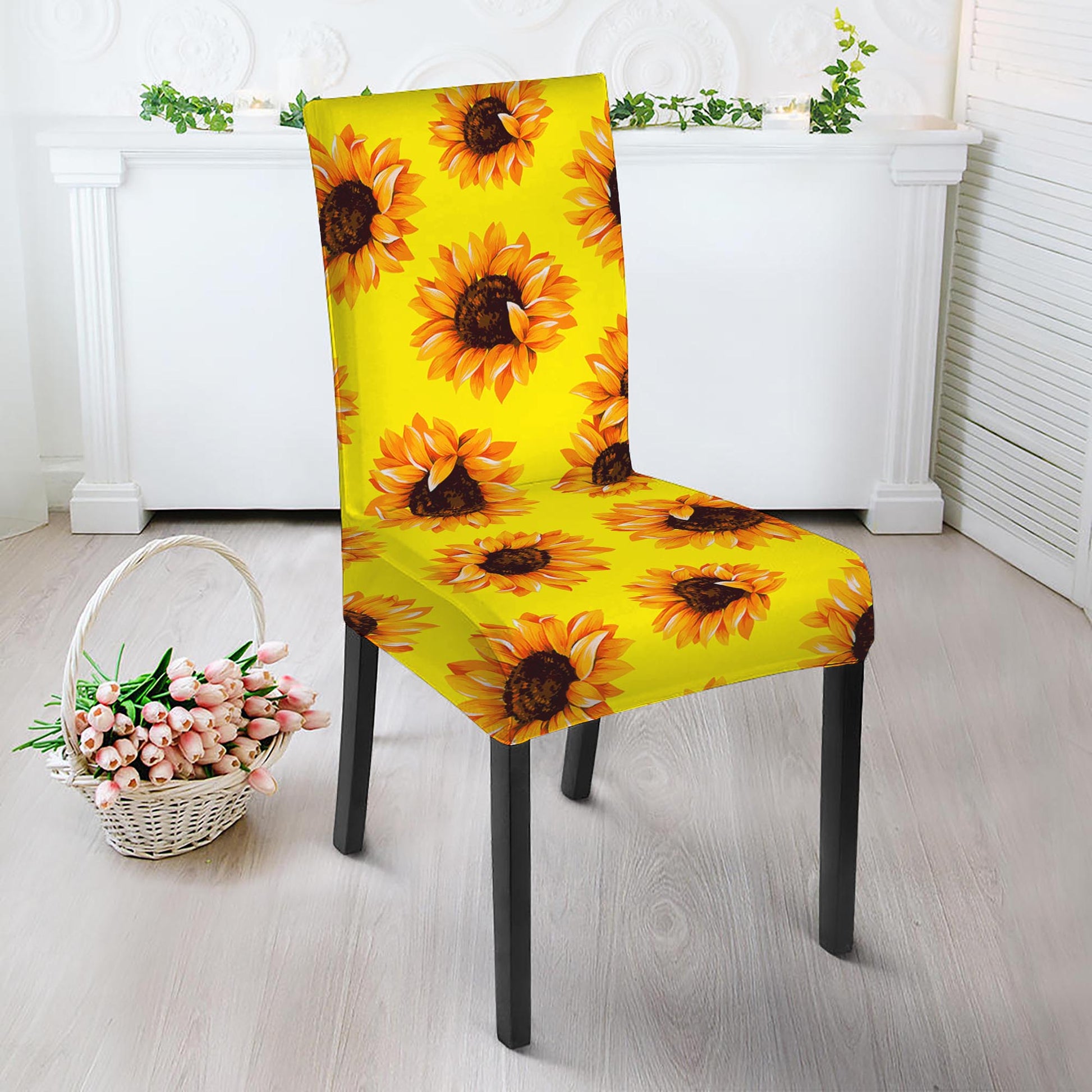 Yellow Sunflower Pattern Print Dining Chair Slipcover