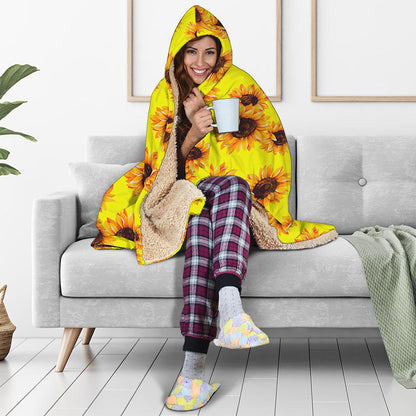 Yellow Sunflower Pattern Print Hooded Blanket