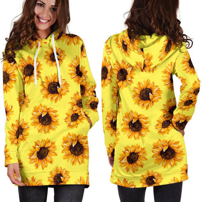 Yellow Sunflower Pattern Print Hoodie Dress GearFrost