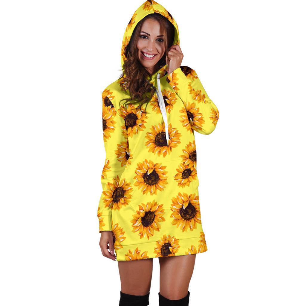 Yellow Sunflower Pattern Print Hoodie Dress GearFrost