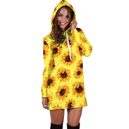 Yellow Sunflower Pattern Print Hoodie Dress GearFrost