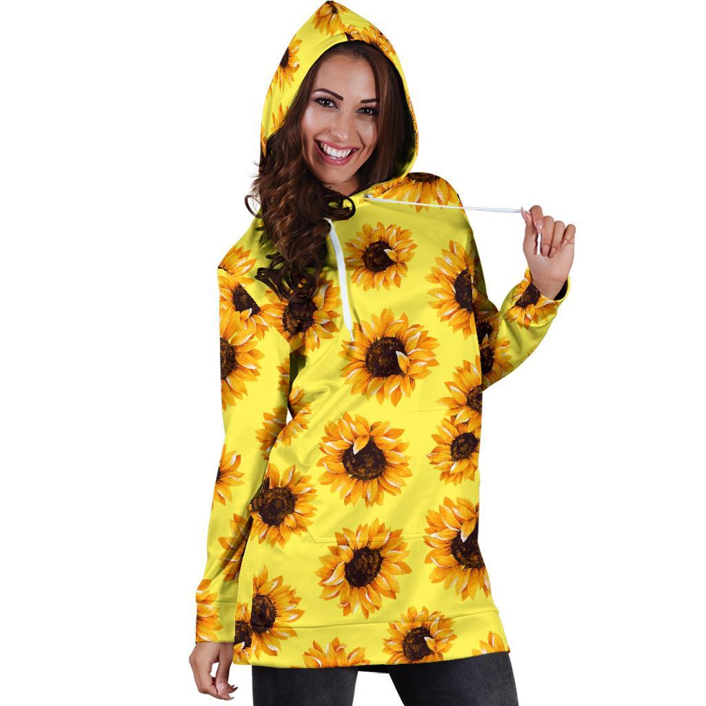 Yellow Sunflower Pattern Print Hoodie Dress GearFrost