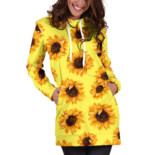 Yellow Sunflower Pattern Print Hoodie Dress GearFrost