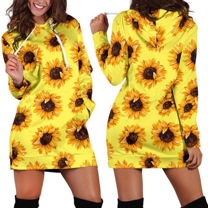 Yellow Sunflower Pattern Print Hoodie Dress GearFrost