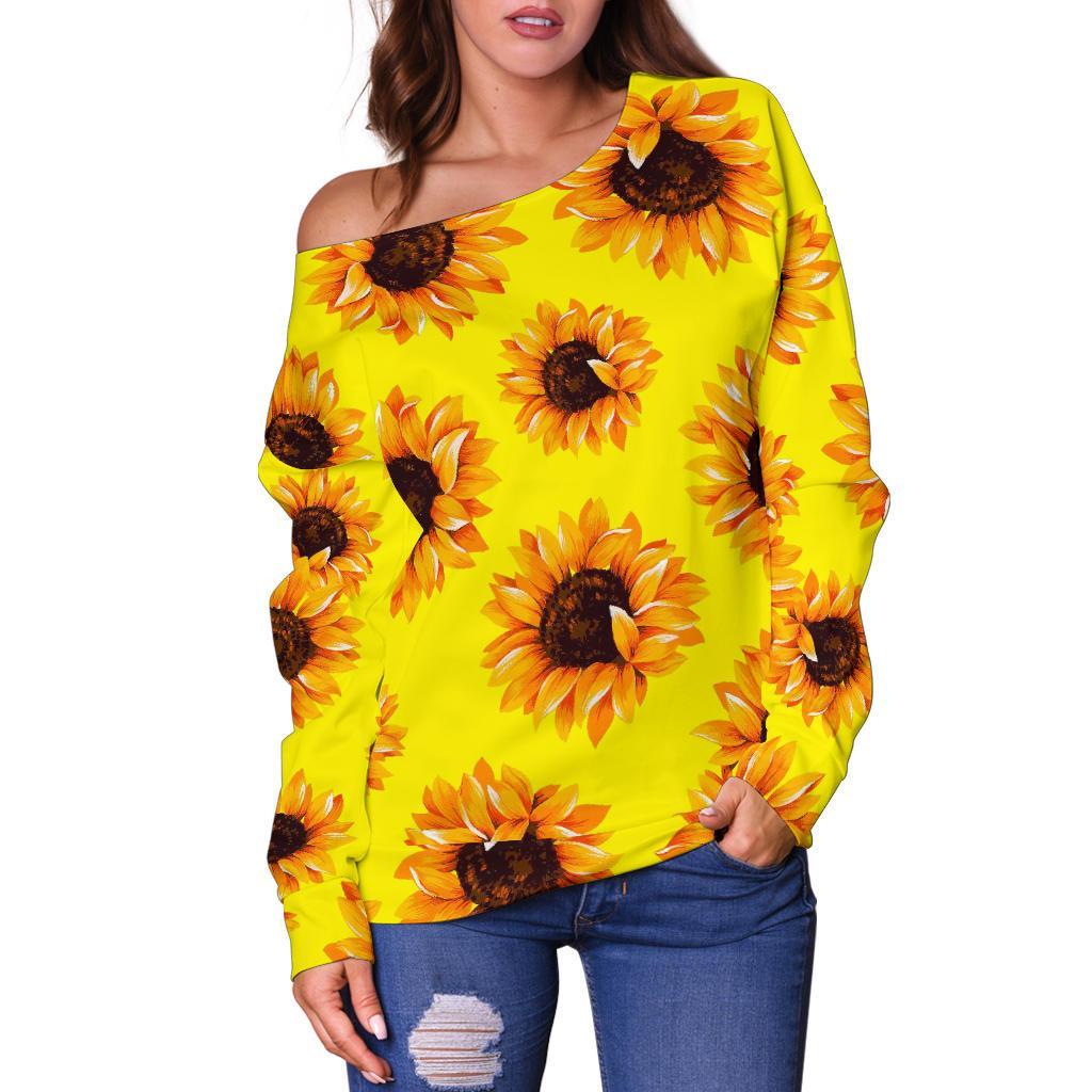 Yellow Sunflower Pattern Print Off Shoulder Sweatshirt GearFrost