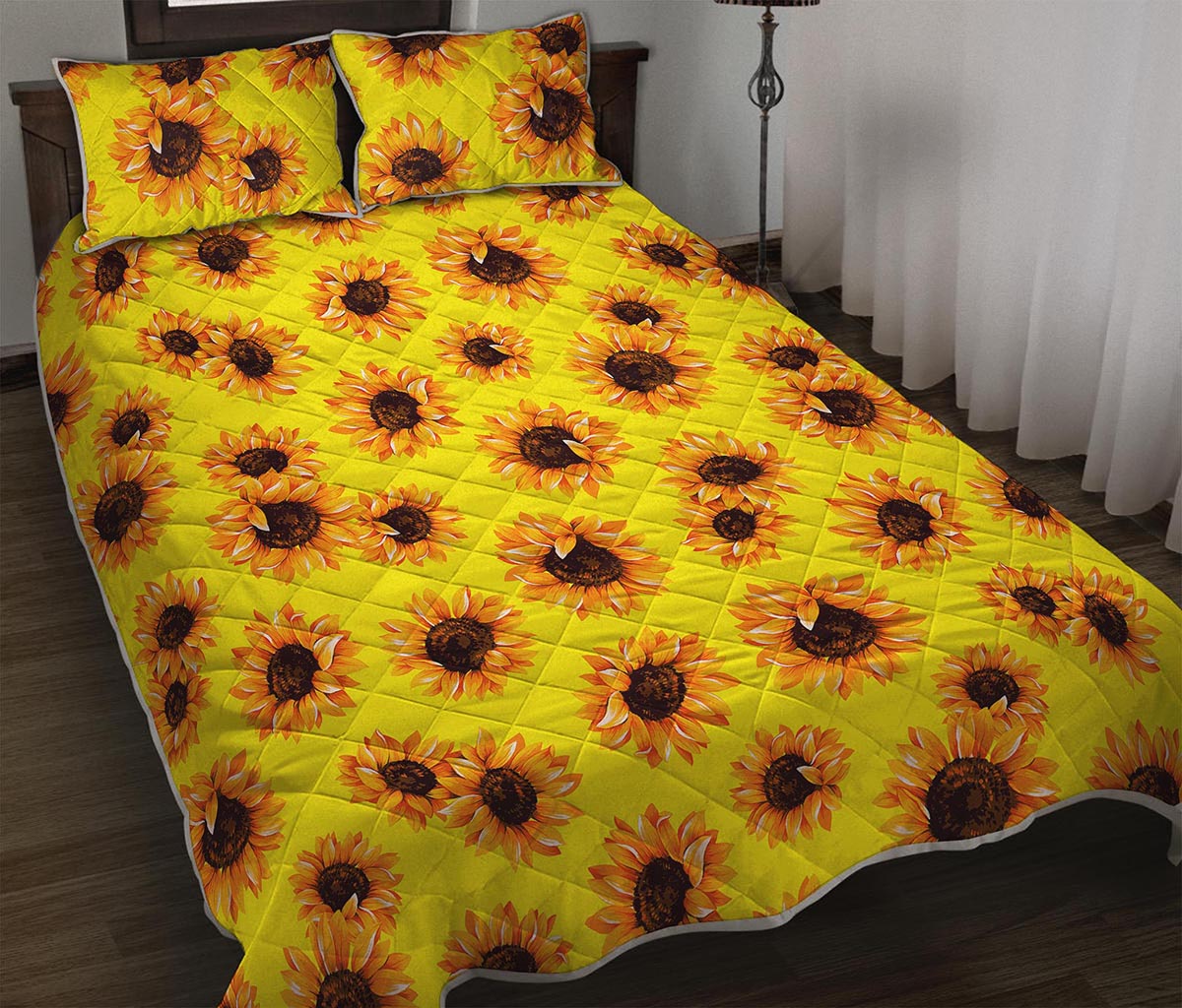 Yellow Sunflower Pattern Print Quilt Bed Set