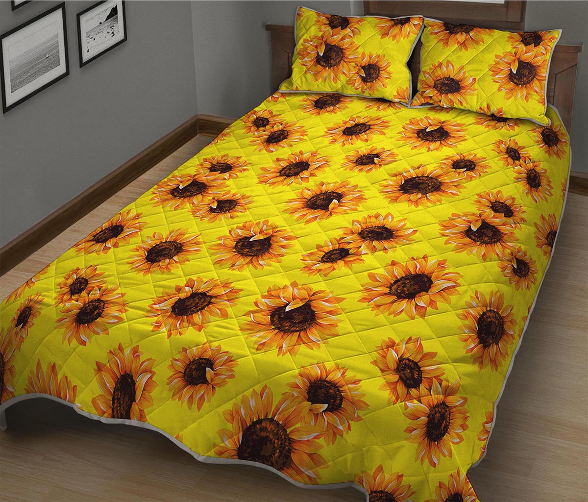 Yellow Sunflower Pattern Print Quilt Bed Set