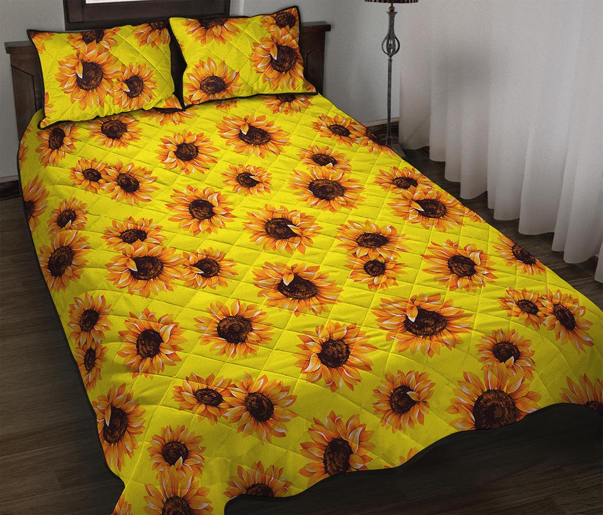 Yellow Sunflower Pattern Print Quilt Bed Set