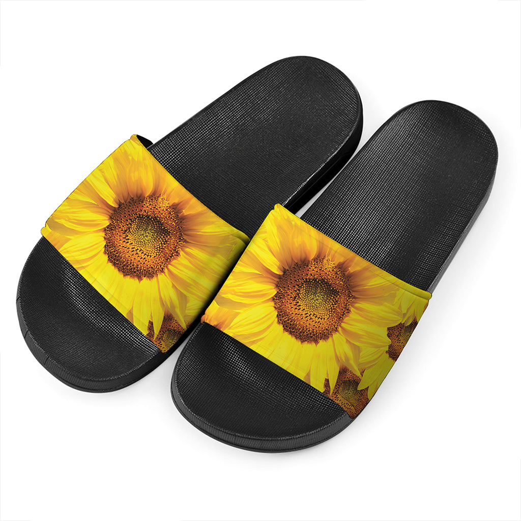 Yellow Sunflower Print Black Slide Sandals