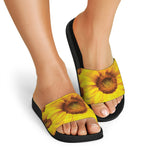 Yellow Sunflower Print Black Slide Sandals