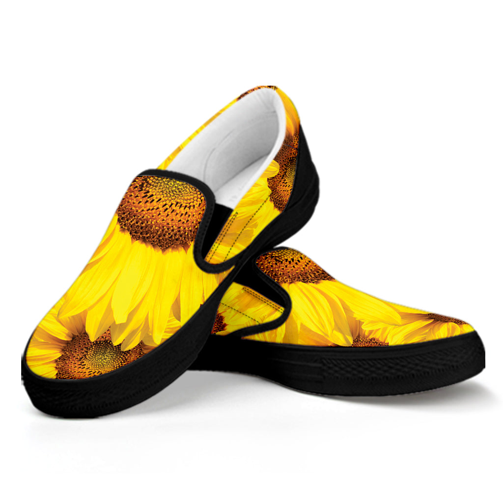 Yellow Sunflower Print Black Slip On Shoes