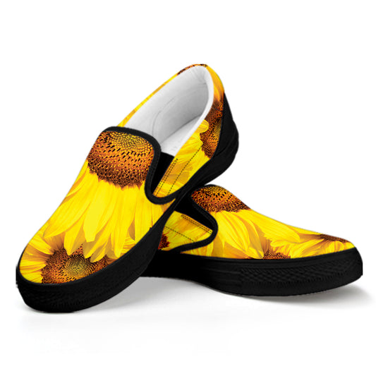 Yellow Sunflower Print Black Slip On Shoes