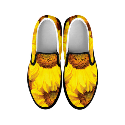 Yellow Sunflower Print Black Slip On Shoes