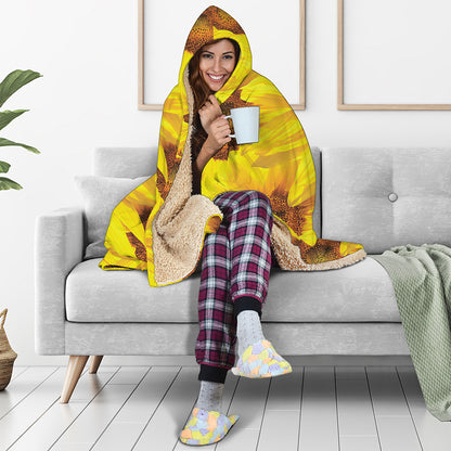 Yellow Sunflower Print Hooded Blanket