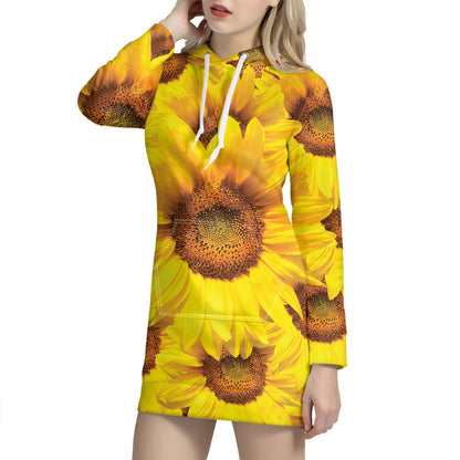 Yellow Sunflower Print Hoodie Dress