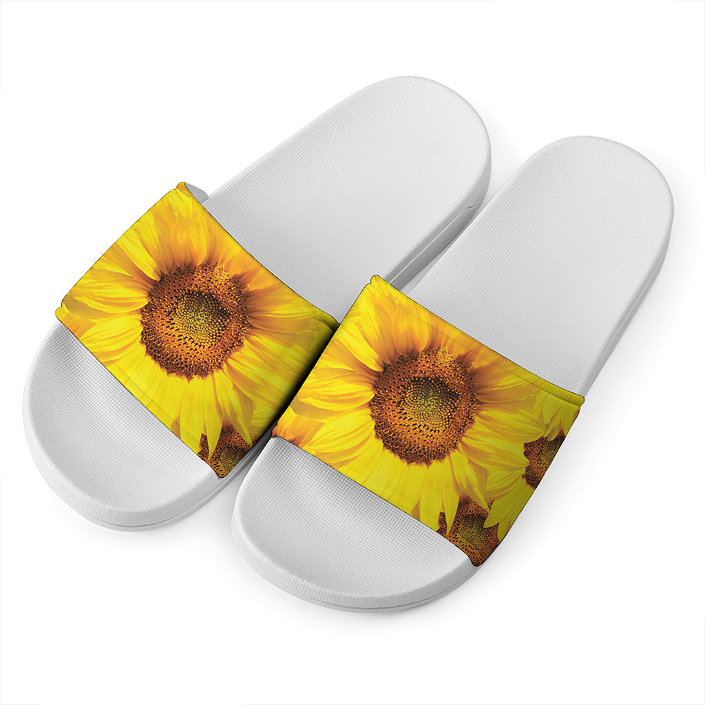 Yellow Sunflower Print White Slide Sandals