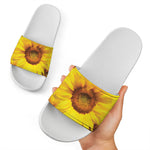 Yellow Sunflower Print White Slide Sandals