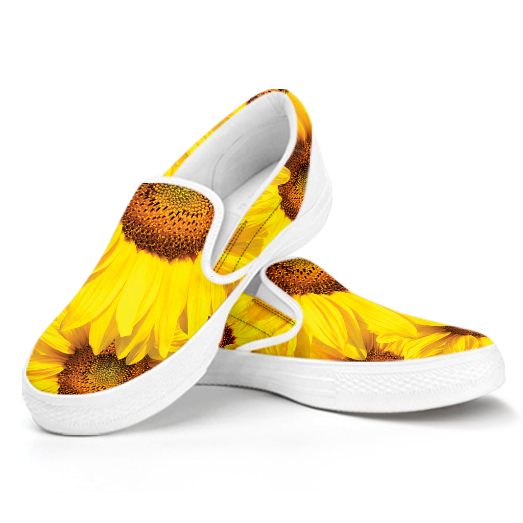 Yellow Sunflower Print White Slip On Shoes