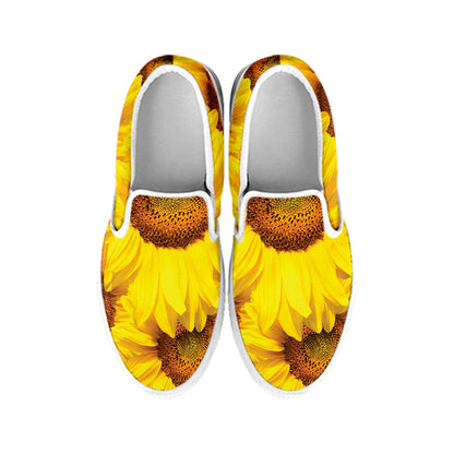 Yellow Sunflower Print White Slip On Shoes