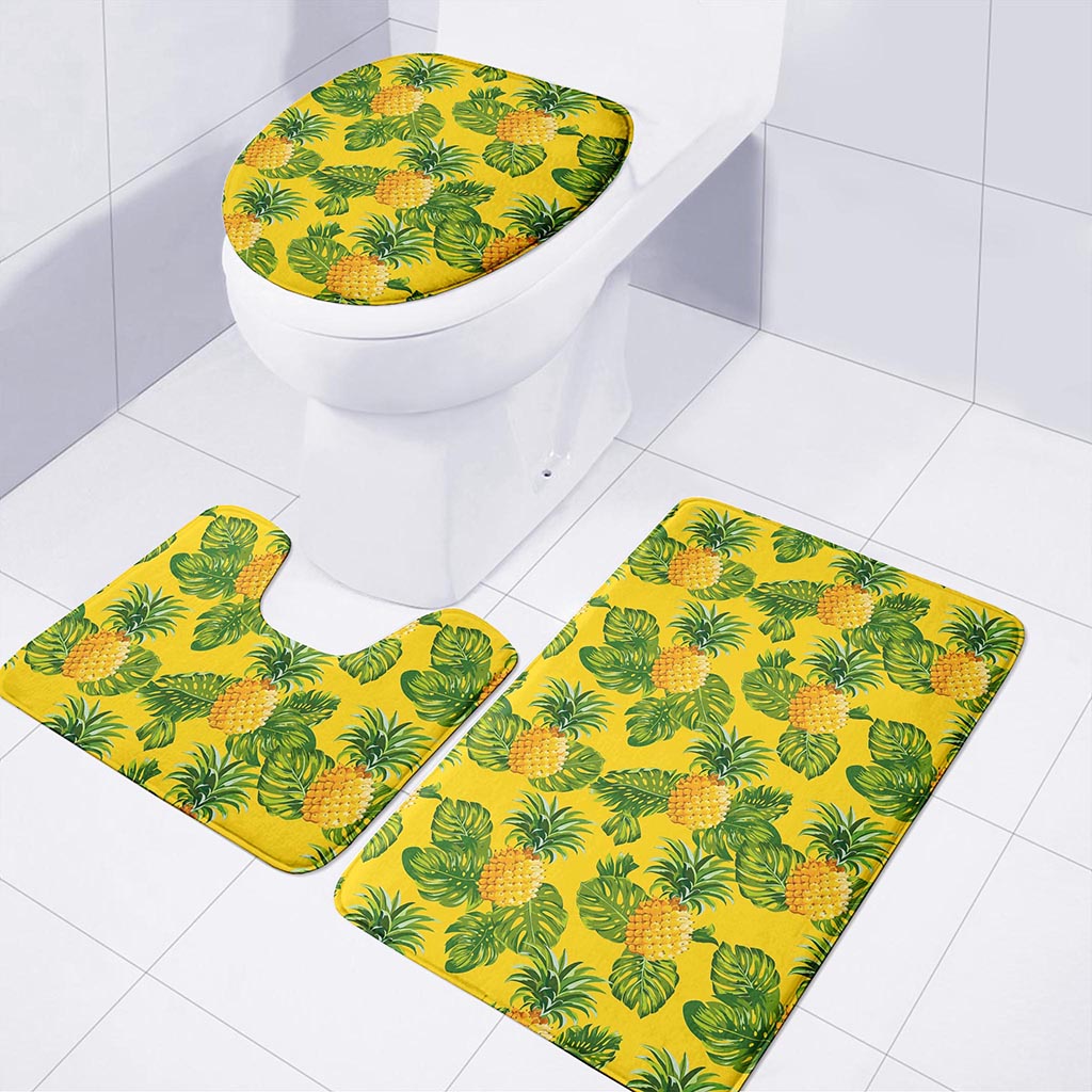 Yellow Tropical Pineapple Pattern Print 3 Piece Bath Mat Set