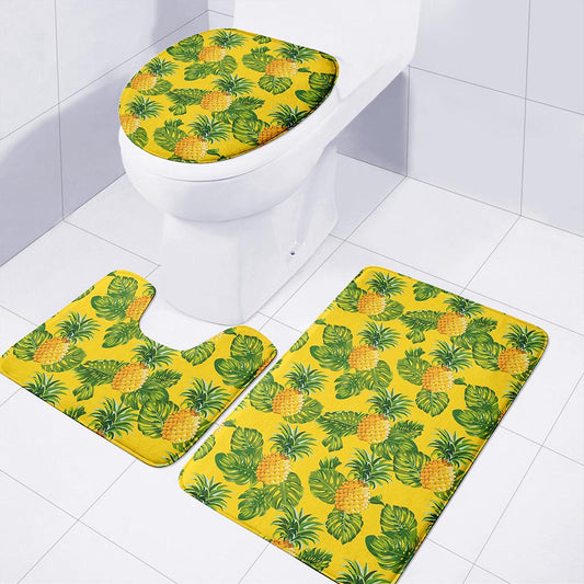 Yellow Tropical Pineapple Pattern Print 3 Piece Bath Mat Set