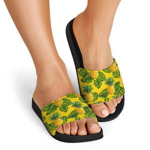 Yellow Tropical Pineapple Pattern Print Black Slide Sandals