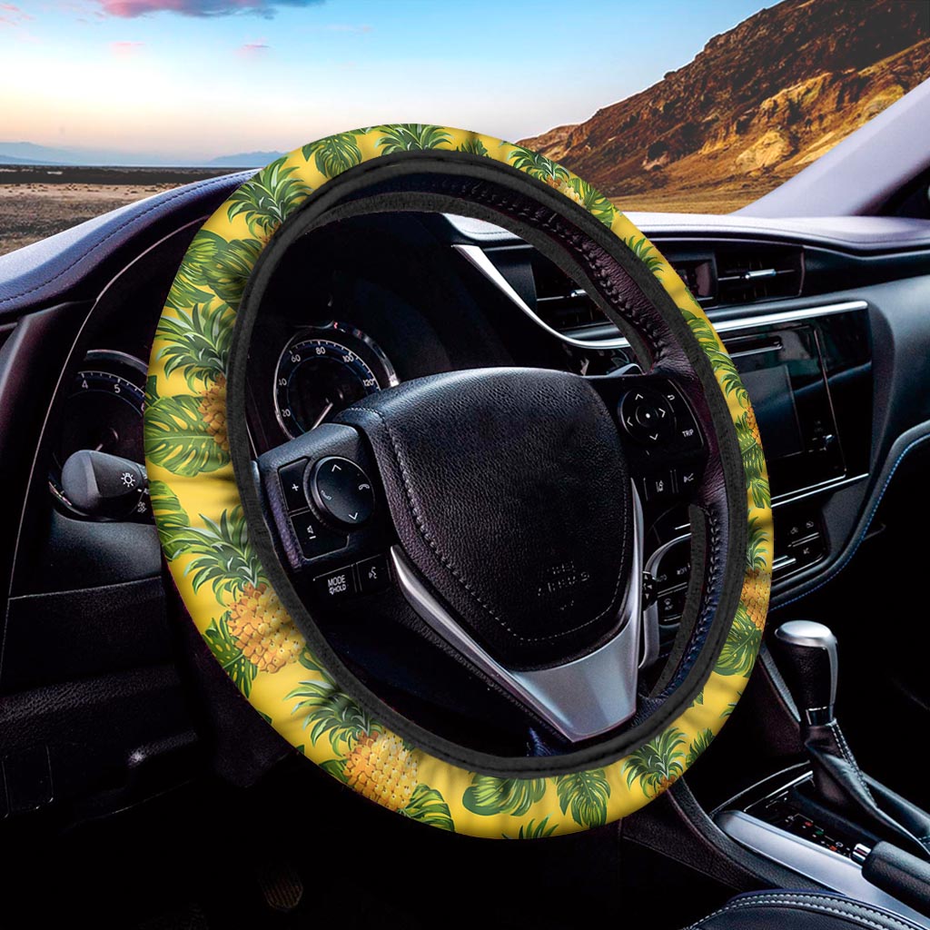 Yellow Tropical Pineapple Pattern Print Car Steering Wheel Cover