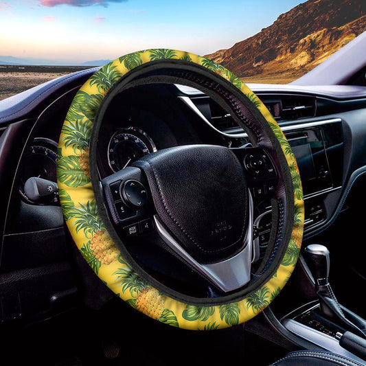 Yellow Tropical Pineapple Pattern Print Car Steering Wheel Cover