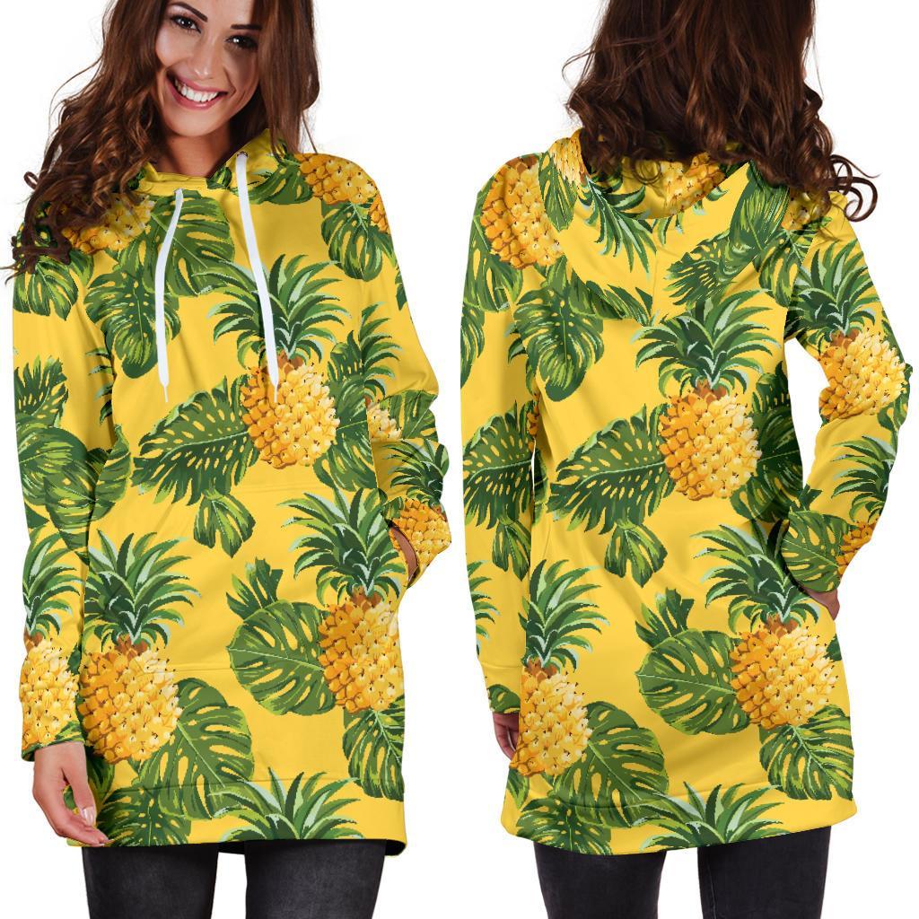 Yellow Tropical Pineapple Pattern Print Hoodie Dress GearFrost