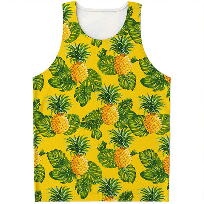 Yellow Tropical Pineapple Pattern Print Men's Tank Top