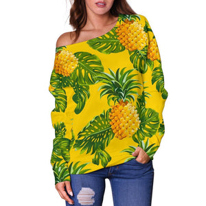 Yellow Tropical Pineapple Pattern Print Off Shoulder Sweatshirt GearFrost