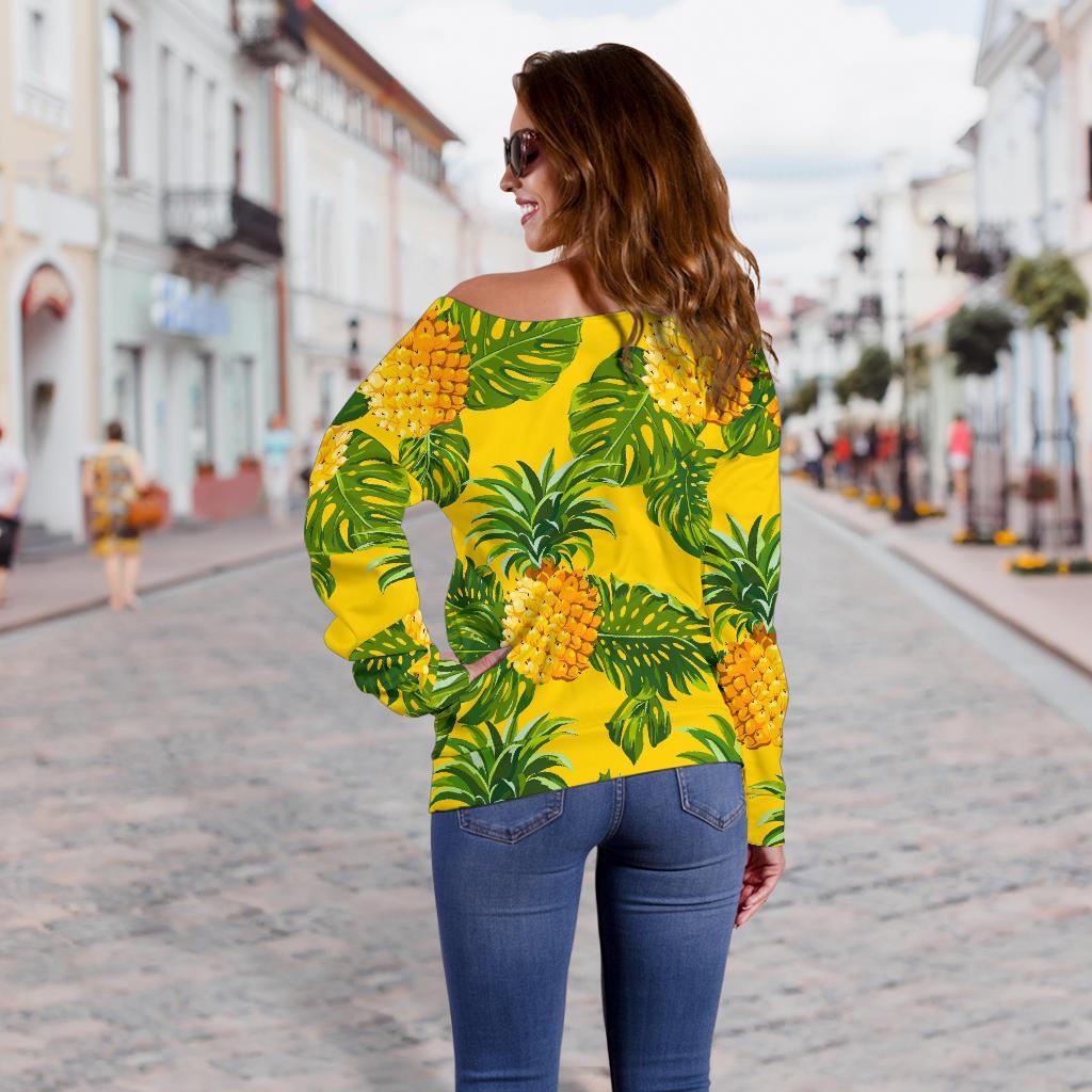 Yellow Tropical Pineapple Pattern Print Off Shoulder Sweatshirt GearFrost