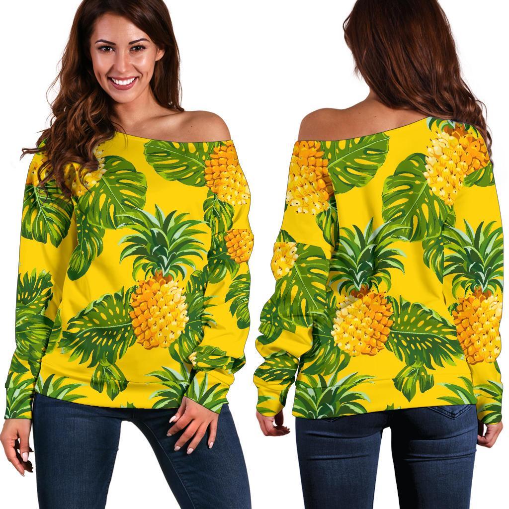 Yellow Tropical Pineapple Pattern Print Off Shoulder Sweatshirt GearFrost