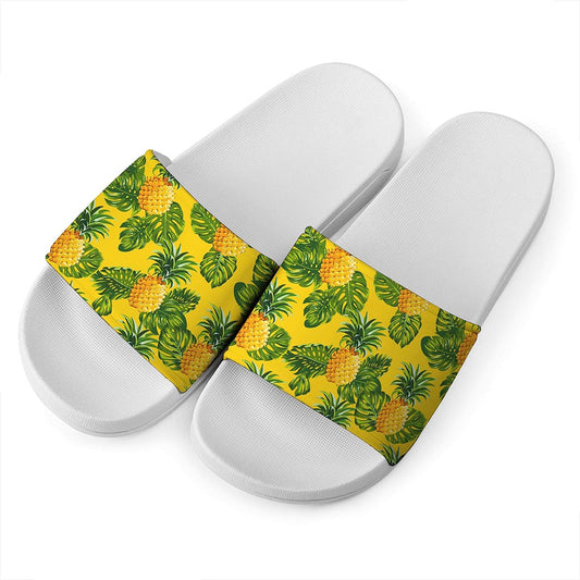 Yellow Tropical Pineapple Pattern Print White Slide Sandals