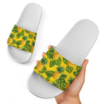 Yellow Tropical Pineapple Pattern Print White Slide Sandals