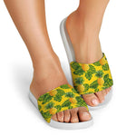 Yellow Tropical Pineapple Pattern Print White Slide Sandals