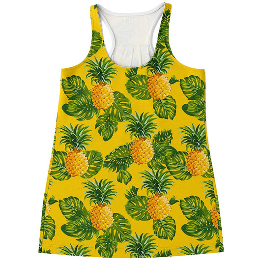 Yellow Tropical Pineapple Pattern Print Women's Racerback Tank Top