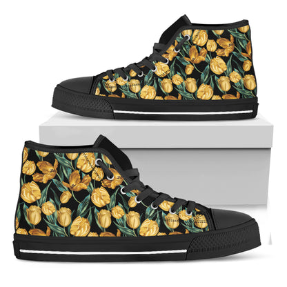 Yellow Tulip Floral Pattern Print Black High Top Shoes