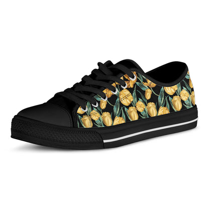 Yellow Tulip Floral Pattern Print Black Low Top Shoes