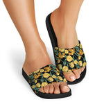 Yellow Tulip Floral Pattern Print Black Slide Sandals