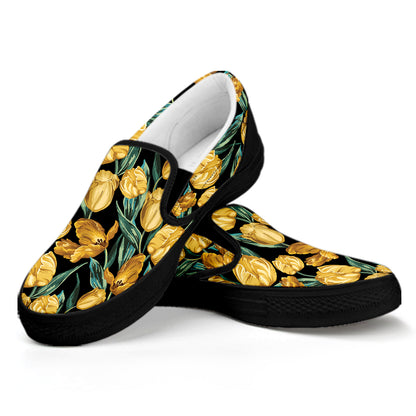 Yellow Tulip Floral Pattern Print Black Slip On Shoes