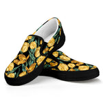 Yellow Tulip Floral Pattern Print Black Slip On Shoes