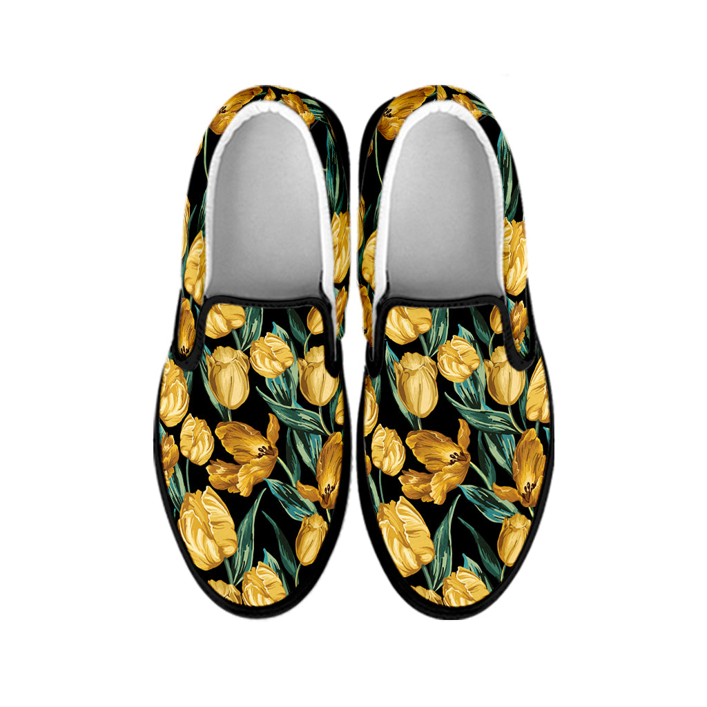 Yellow Tulip Floral Pattern Print Black Slip On Shoes