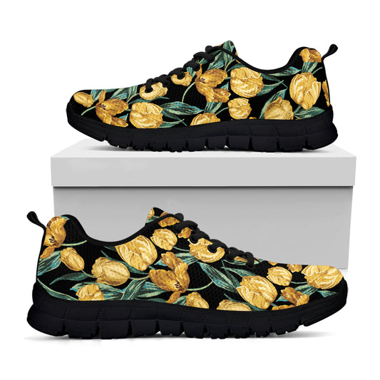 Yellow Tulip Floral Pattern Print Black Sneakers