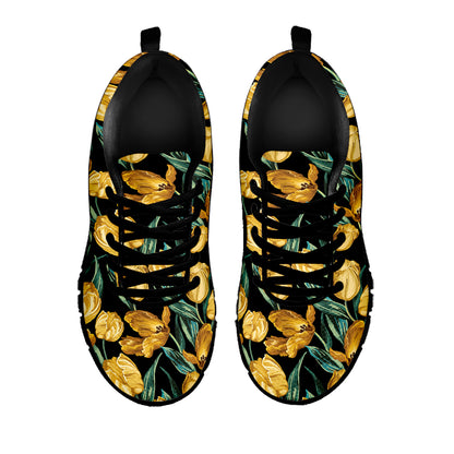 Yellow Tulip Floral Pattern Print Black Sneakers