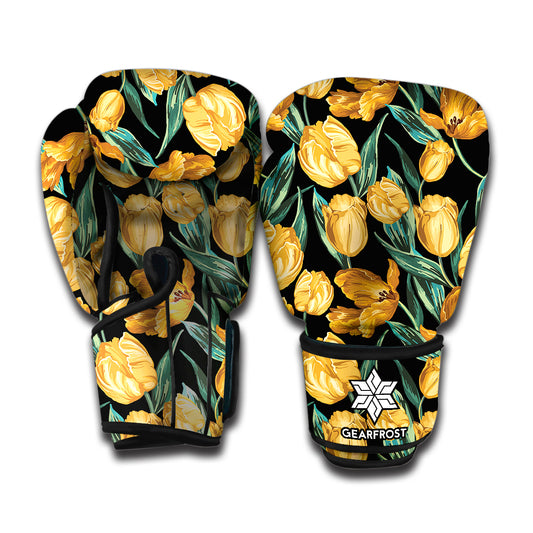 Yellow Tulip Floral Pattern Print Boxing Gloves