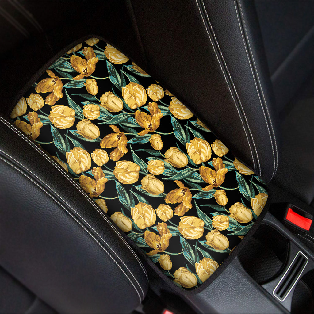 Yellow Tulip Floral Pattern Print Car Center Console Cover
