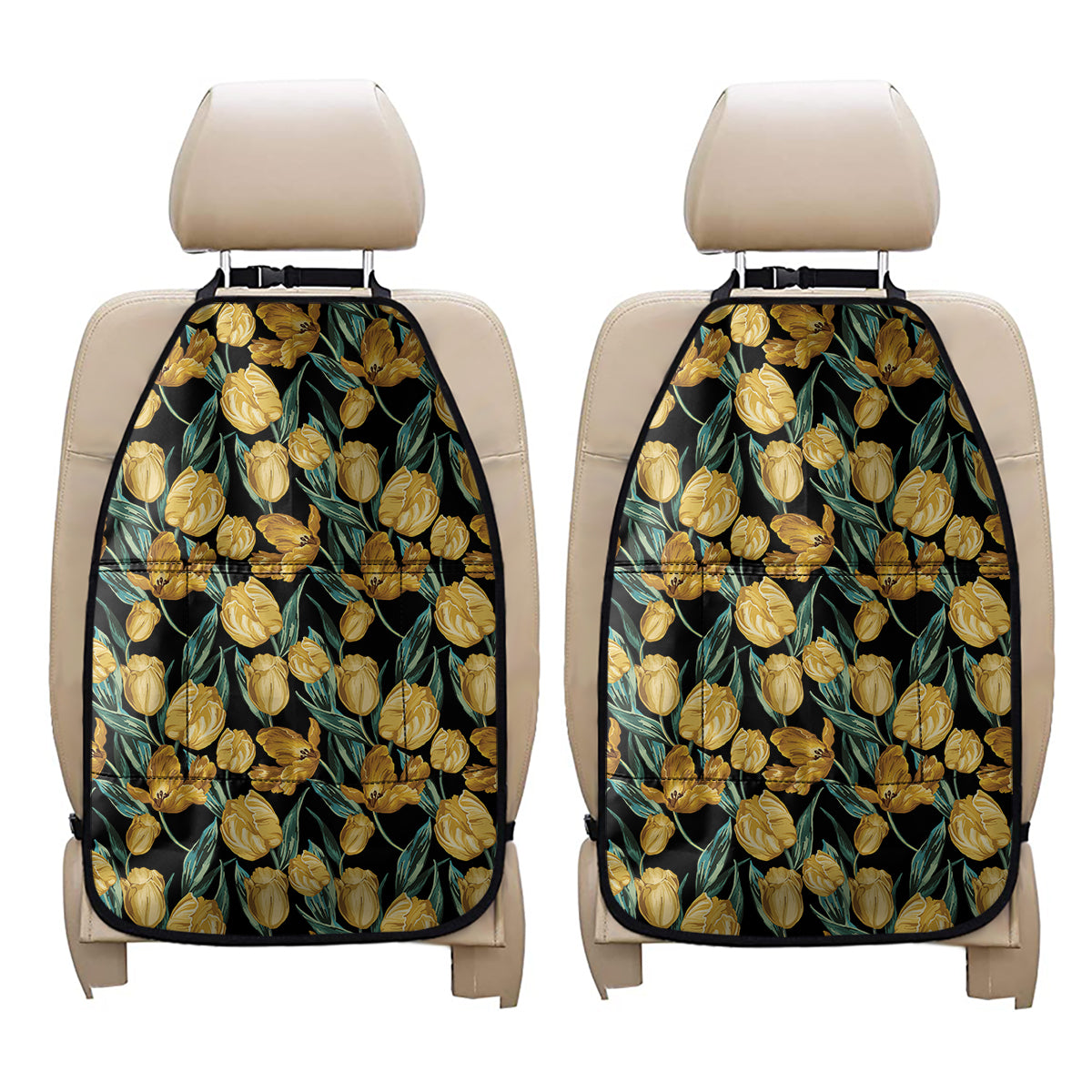 Yellow Tulip Floral Pattern Print Car Seat Organizers