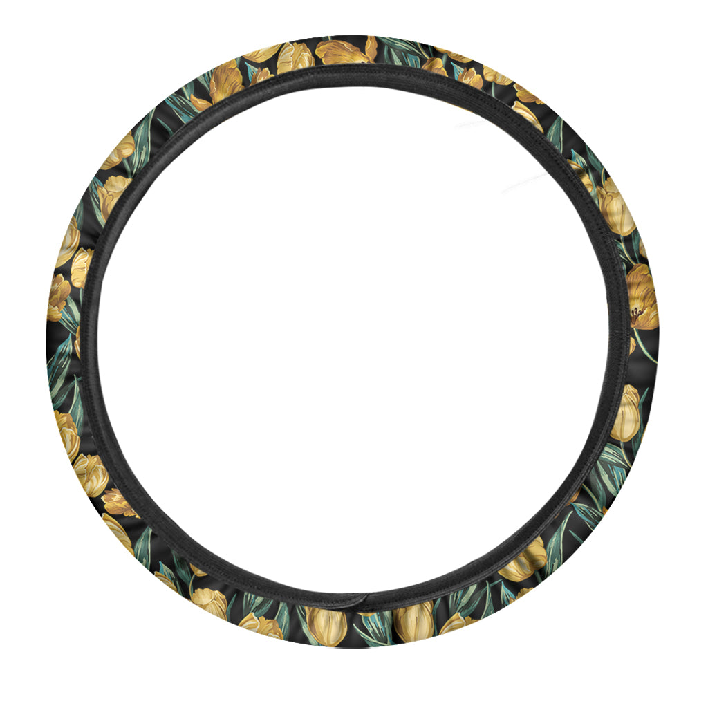 Yellow Tulip Floral Pattern Print Car Steering Wheel Cover