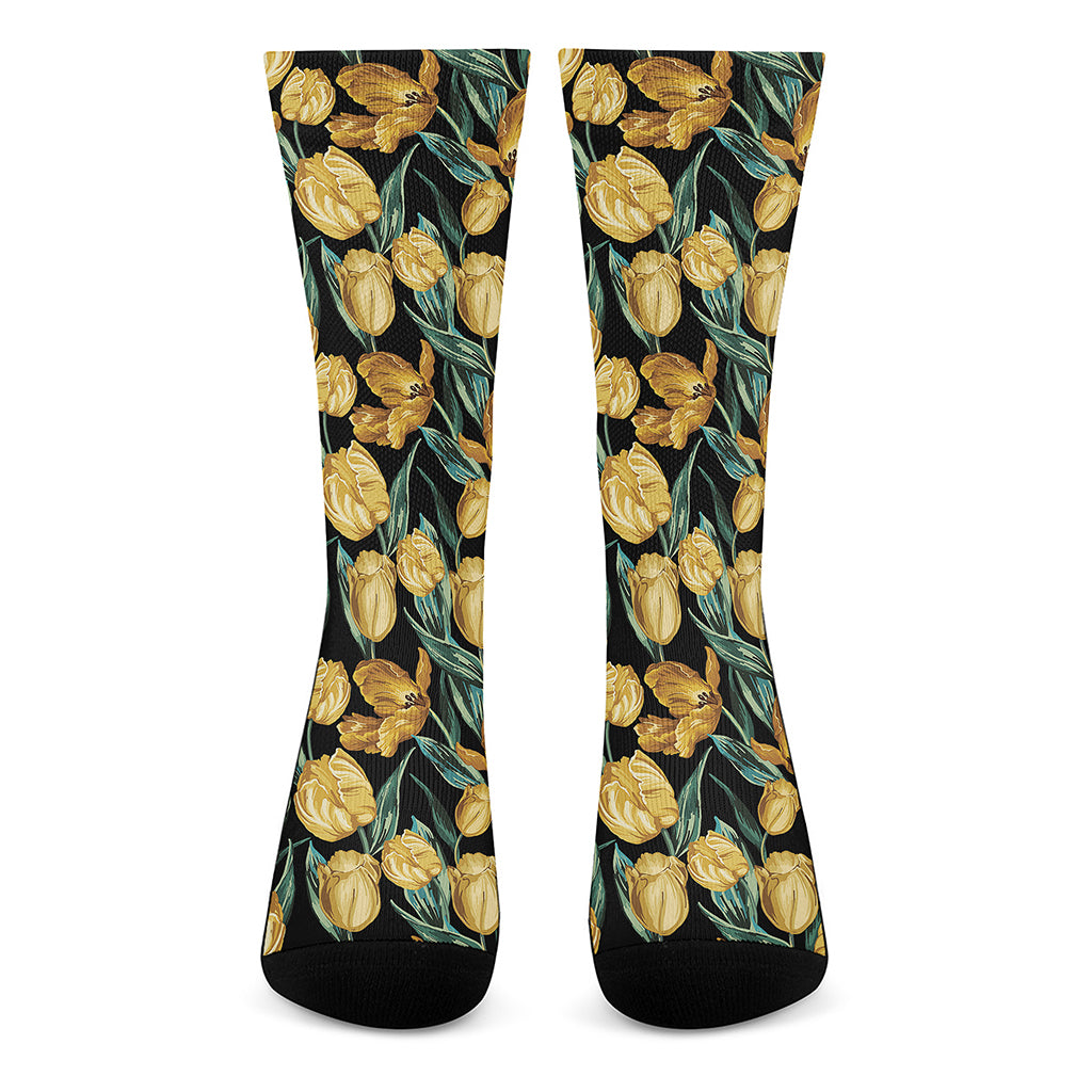 Yellow Tulip Floral Pattern Print Crew Socks
